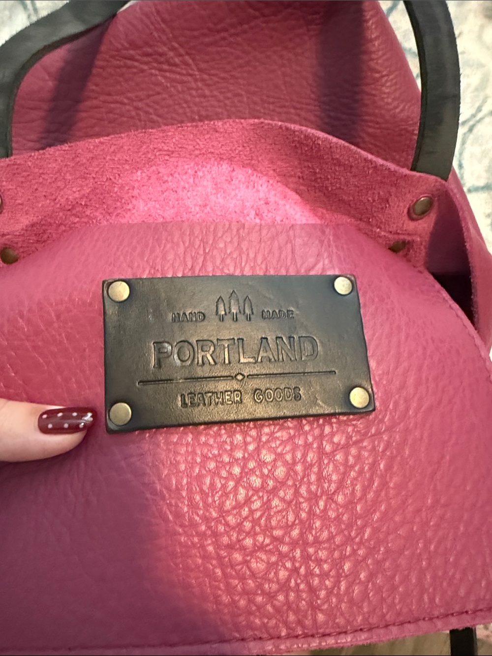Portland leather goods Fuchsia Leather Tote with Black Handles - Picture 3 of 4